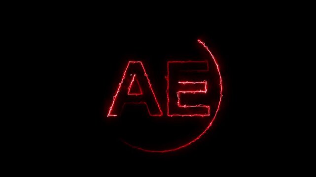 Red neon ae text glowing inside curved arc on dark animated background, Digital typography concept representing editing software and creative production tools, Futuristic neon text animation.