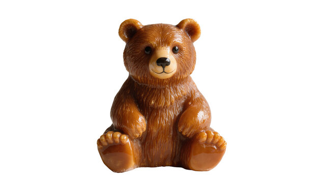 Isolated cute brown bear statue sitting, charming figurine with shiny surface, friendly toy