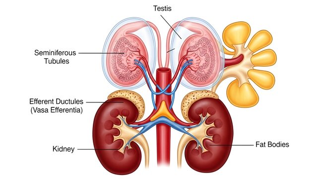 High detailed frog male urogenital system illustration showing paired testes with seminiferous tubules, efferent ducts, kidneys, renal blood vessels and yellow fat bodies for amphibian reproductive an