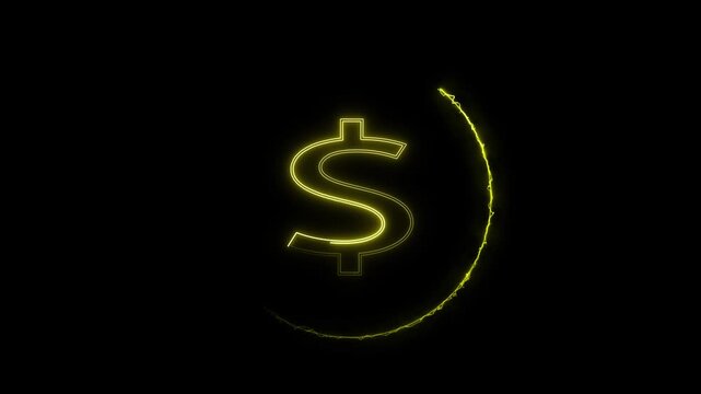 Neon glowing dollar symbol floating over abstract financial background animation, Digital finance concept representing money investment and economic value, Futuristic currency animation.