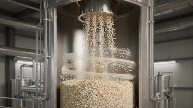 Closeup medium view of a spray drying tower producing coarse granules from liquid feedstocks highlighting the granulation process in controlled factory lighting.
