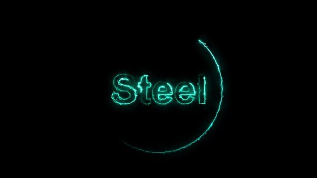 Neon steel text glowing with futuristic arc light on dark animated background, Digital typography concept representing strength industry and metallic design, Futuristic neon word animation .
