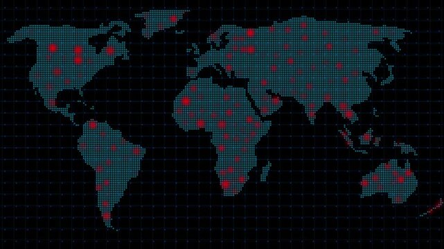 Digital world map displaying global outbreak hotspots with red signals animation, Global monitoring concept representing pandemic tracking and health alerts, Futuristic data visualization .