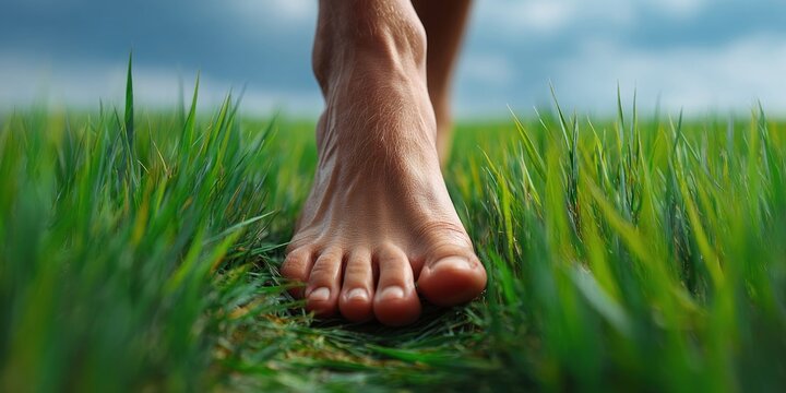 Close-up of a bare foot walking through lush green grass on a cloudy day