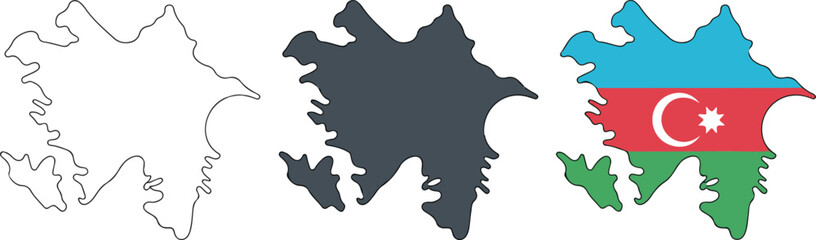 Azerbaijan map vector icons set featuring national flag colors and geographic border outlines in minimalist flat graphic styles.