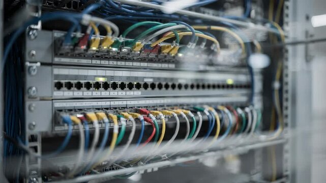 Structured cabling in a mall telecommunications hub captured in medium shot with main patch panels in focus and surrounding cables softly blurred for depth.