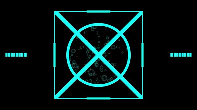 Futuristic cyan geometric interface with arrows and bubbles on dark animated background, Digital hud design representing technology systems and data navigation, Futuristic interface animation .