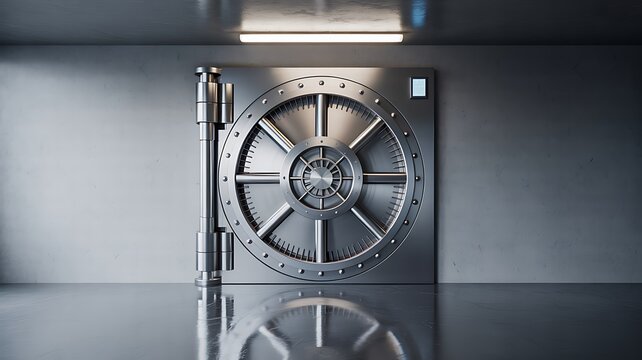 Modern secure bank vault door with metallic surface in high tech security room with reflective floor