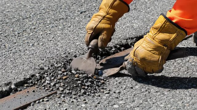 Worker wearing yellow gloves and high visibility clothing uses metal trowels to patch a crack in asphalt pavement with gravel
