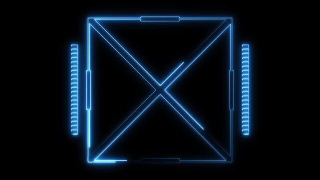 Blue neon geometric frame with diagonal elements glowing on dark animated background, Digital interface concept representing futuristic layout and display panels, Futuristic frame animation .