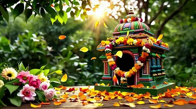 Hindu temple decorated with flowers and marigold garlands during festive celebration