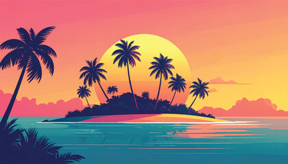 Fototapeta premium Pastel island sunset with serene water and elegant palm forms. Soft dusk seascape featuring gentle color harmony and stillness. Dreamy tropical shoreline beneath luminous orb and quiet clouds. 