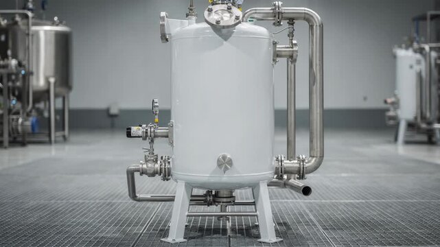 Medium shot focusing on an enamelcoated vacuum crystallizer unit with smooth white finish highlighting corrosion resistance in industrial salt production.