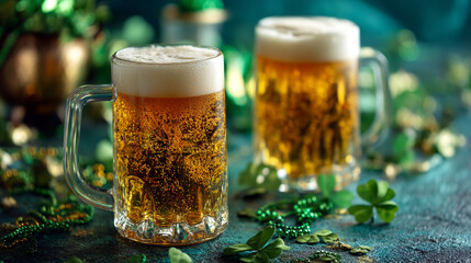 Two glasses of beer surrounded by St. Patrick's Day decorations