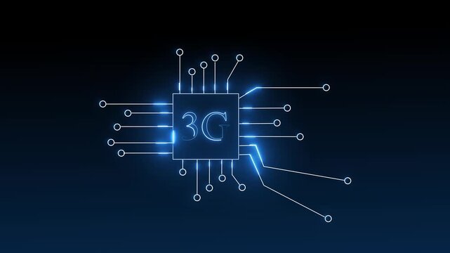 Glowing blue 3g chip connected to circuit board lines on dark animated background, Digital communication technology concept representing mobile network infrastructure.