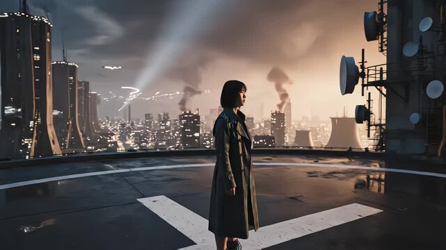 Woman in a trench coat standing on a high helipad overlooking a futuristic cyberpunk city with flying vehicles and smoke