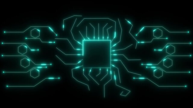 Cyan glowing circuit board with central square processor chip on dark animated background, Digital computing concept representing electronic hardware processing systems.