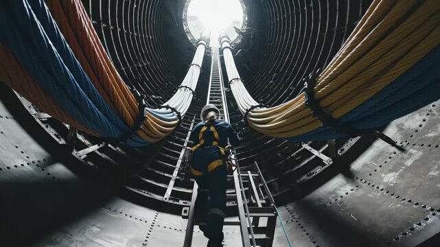 Female technician wearing safety harness and hard hat climbing vertical ladder inside a wind turbine tower with massive cables