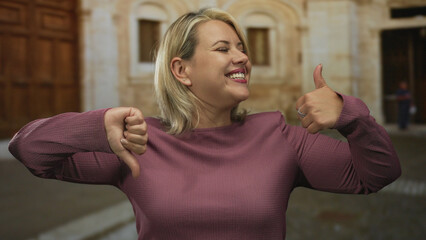 Young blonde woman wearing purple sweater shows thumbs up and thumbs down gesture on historic...