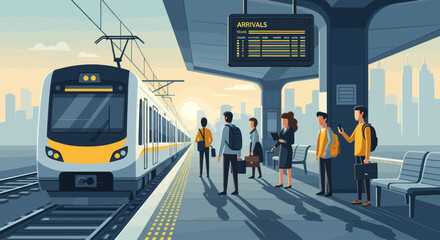 Modern train arriving at station platform with diverse commuters waiting © Rizal