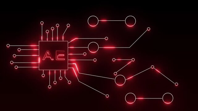 Neon red ae chip connected to glowing circuit board lines on dark animated background, Digital editing technology concept representing post production and visual effects systems.