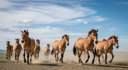 Naklejka premium Przewalski’s Horse Herd Galloping Mongolian Steppe