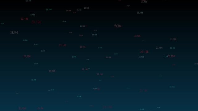 Scattered numbers glowing on dark gradient animated background representing data flow, Digital analytics concept representing big data statistics and numeric visualization.