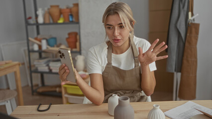 Woman artisan holds a ceramic vase in one hand and gestures with a smartphone during a studio video...