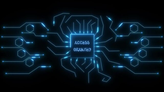 Blue glowing circuit board with central processor chip on dark animated background, Digital computing technology concept representing electronic processing hardware systems.