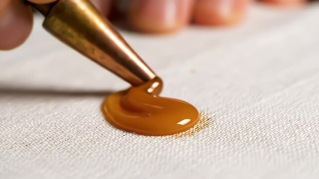 Macro view of hot wax being applied to white canvas fabric with a brass dispensing tool for traditional batik making or art project