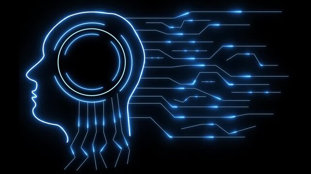 Neon outline of human head with digital circuits glowing from brain area animation, Artificial intelligence concept representing human brain technology integration.