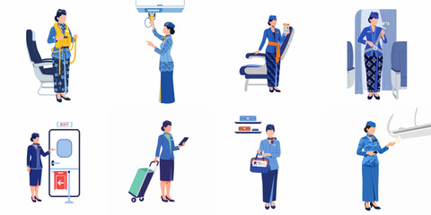Fototapeta premium Collection of Indonesian Flight Attendants in Blue Uniforms Performing In-Flight Safety Demonstrations and Duties in a Flat Illustration Style