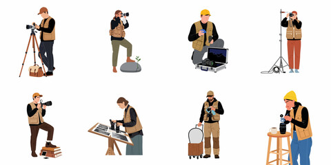 Obraz premium Set of diverse male and female photographers in various professional poses, using cameras, lenses, tripods, and equipment for photo shoots, flat vector illustration.