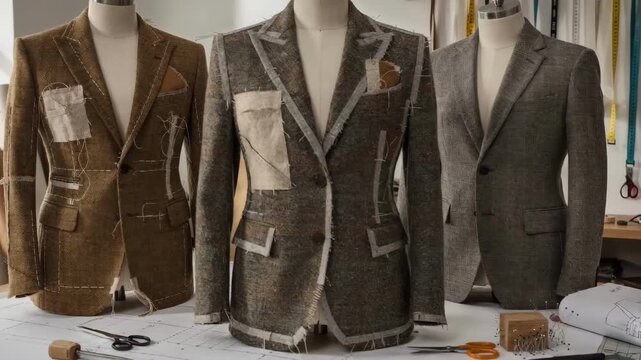 Medium shot capturing jackets in development focusing on textured materials and tailored cuts on mannequins in a sample room filled with creative tools.