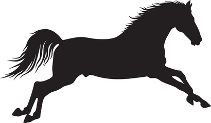 Silhouette of a horse in mid‑leap with flowing mane and tail, symbolizing speed, agility, motion, energy, and dynamic strength in abstract design illustration. © MdArif