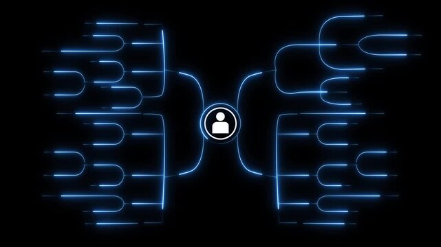 Mind map structure with central person icon and blue neon branches on dark animated background, Knowledge organization concept representing idea connections planning and strategy thinking.