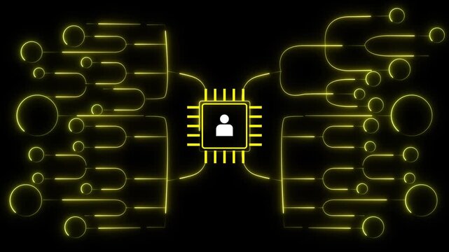 Centralized artificial intelligence processor connected to network of user icons animation background, Digital network concept representing smart data processing and distributed communication.