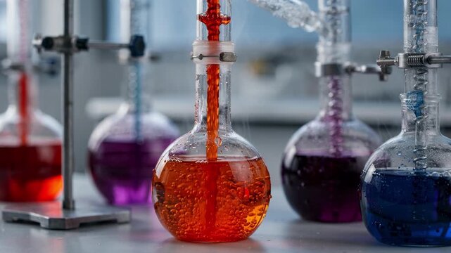 Closeup medium shot of a laboratory bench with flasks and cooling condensers creating vivid anthraquinone dyes highlighting color changes and bubbling reactions.