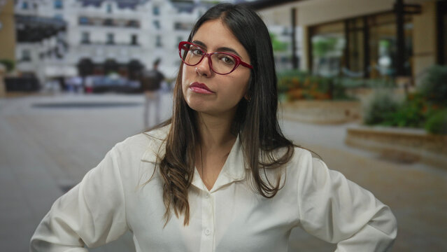 Young hispanic woman wearing red glasses points finger to head then to camera on an urban street outdoors; serious thinking.