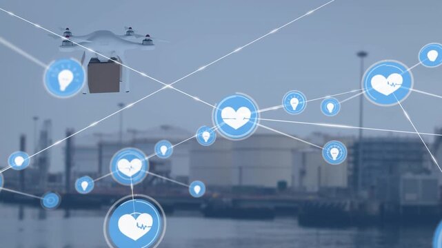 Animation of network of connections with icons and delivery drone over port