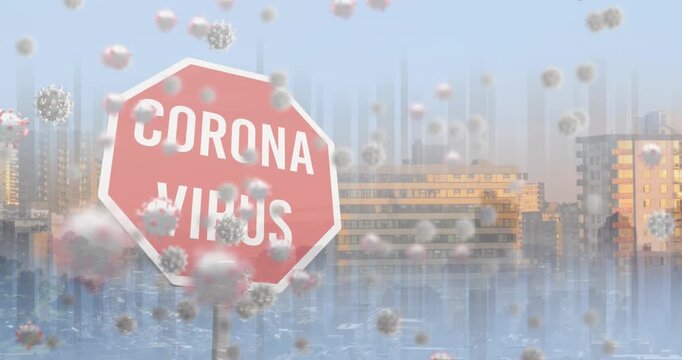 Animation of corona virus prohibition sign over cityscape