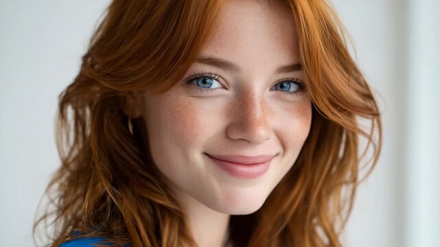 Close-up beauty portrait of a 30-year-old woman with red hair and blue eyes, soft highlights on hair, even skin tones, white background, realistic facial proportions, premium stock