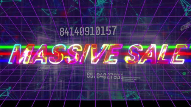 Animation of neon massive sale text with numbers on grid digital interface