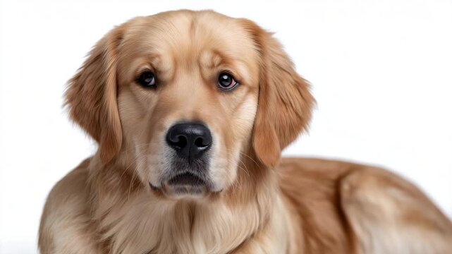 Close-up of a golden retriever sitting calmly, isolated on a pure white background, shiny golden fur, friendly expression, subtle shadow beneath, soft studio lighting emphasizing t