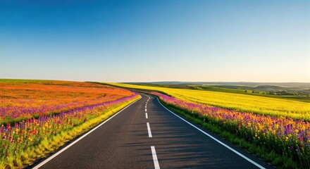 Naklejka premium An open road winds through vibrant fields of wildflowers under a clear blue sky