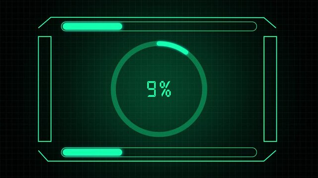 Green futuristic hud interface with circular progress bar and loading indicators animation, Digital system concept representing processing progress and technology monitoring.