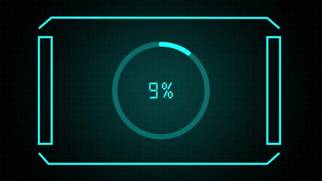 Cyan neon futuristic hud element showing one percent loading progress animation, Digital processing concept representing initialization and system start up status.