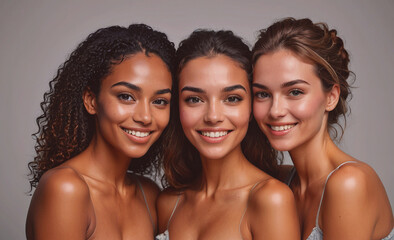 Obraz premium Three women with different hair colors and styles are smiling for the camera. They are all wearing tank tops and are posing together