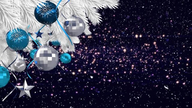 Animation of baubles over snow falling