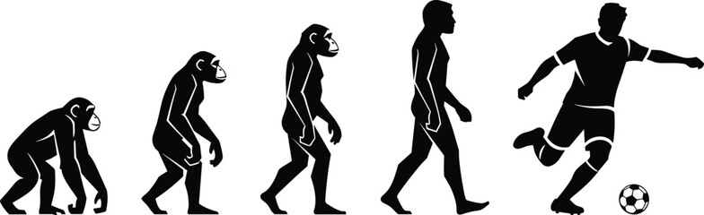 Human evolution silhouette vector from ape to soccer player isolated on light background, evolutionary progression illustration bundle for sport science design